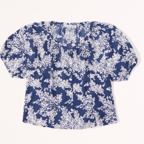Abercrombie & Fitch Puff Sleeve Blouse Women's sz Small Button Down Blue White - Picture 1 of 11